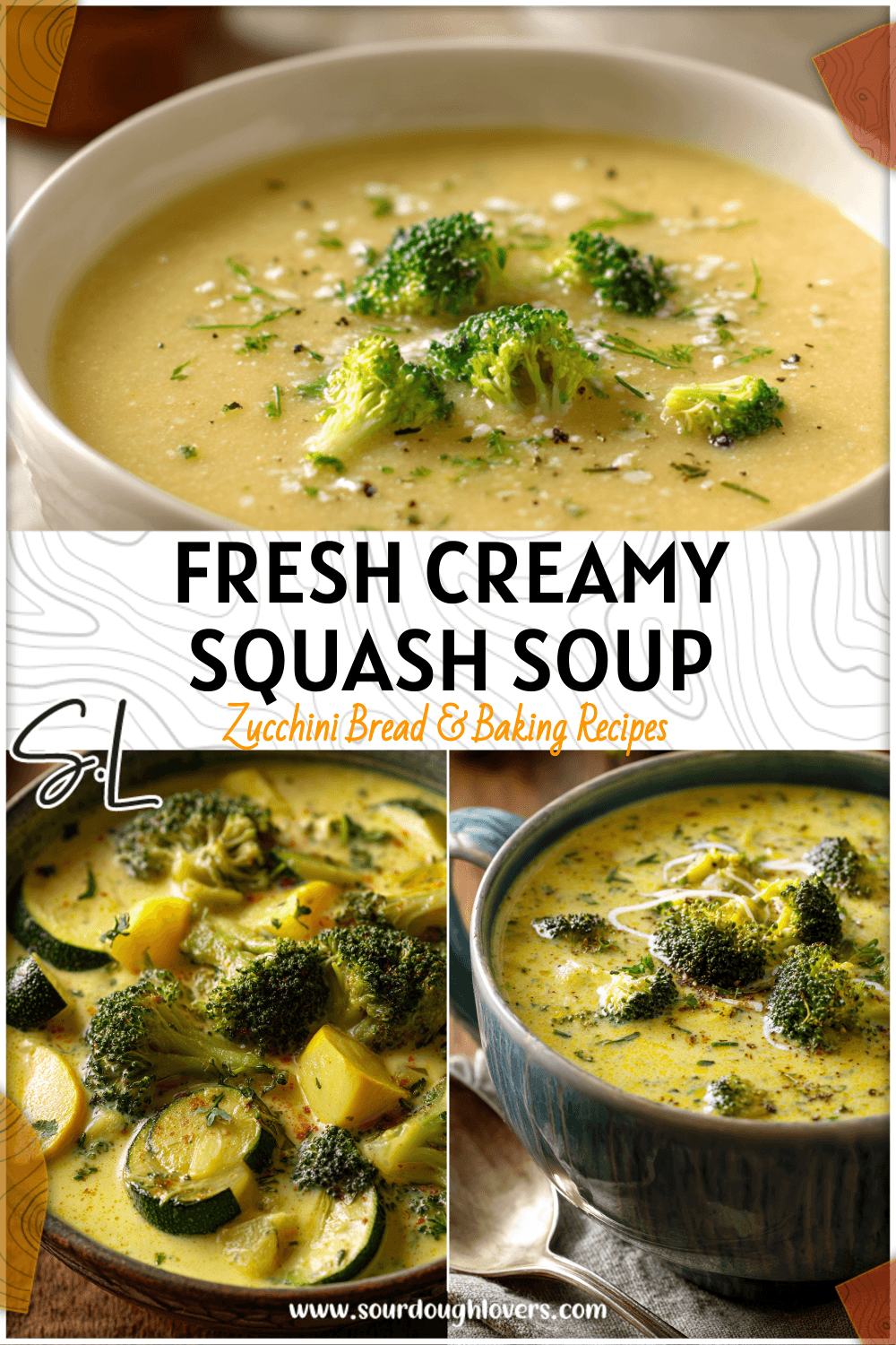 Creamy bowl of squash and zucchini soup with broccoli florets and light garnish in a rustic kitchen setting